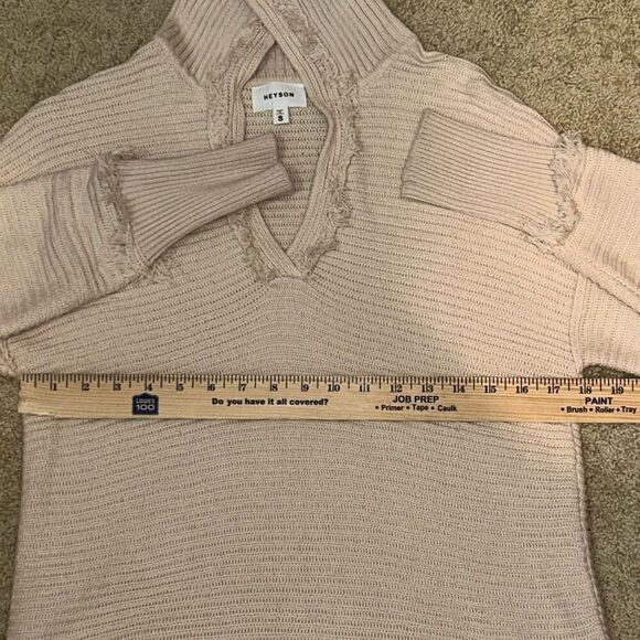 Heyson cream textured fringe collared vneck sweater size S - Picture 9 of 10